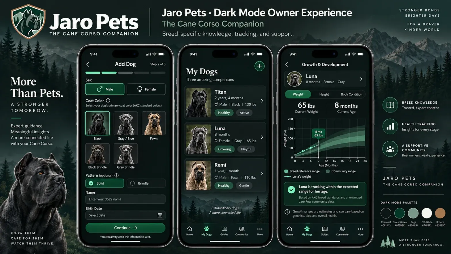 The same three owner app screens in dark mode, with a palette of charcoal, forest green, sage, off-white, and bronze.